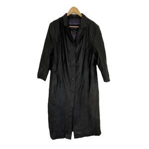 VTG 90s Wilsons Long Leather Black Trench Coat Punk Goth Women XL ~ No Belt